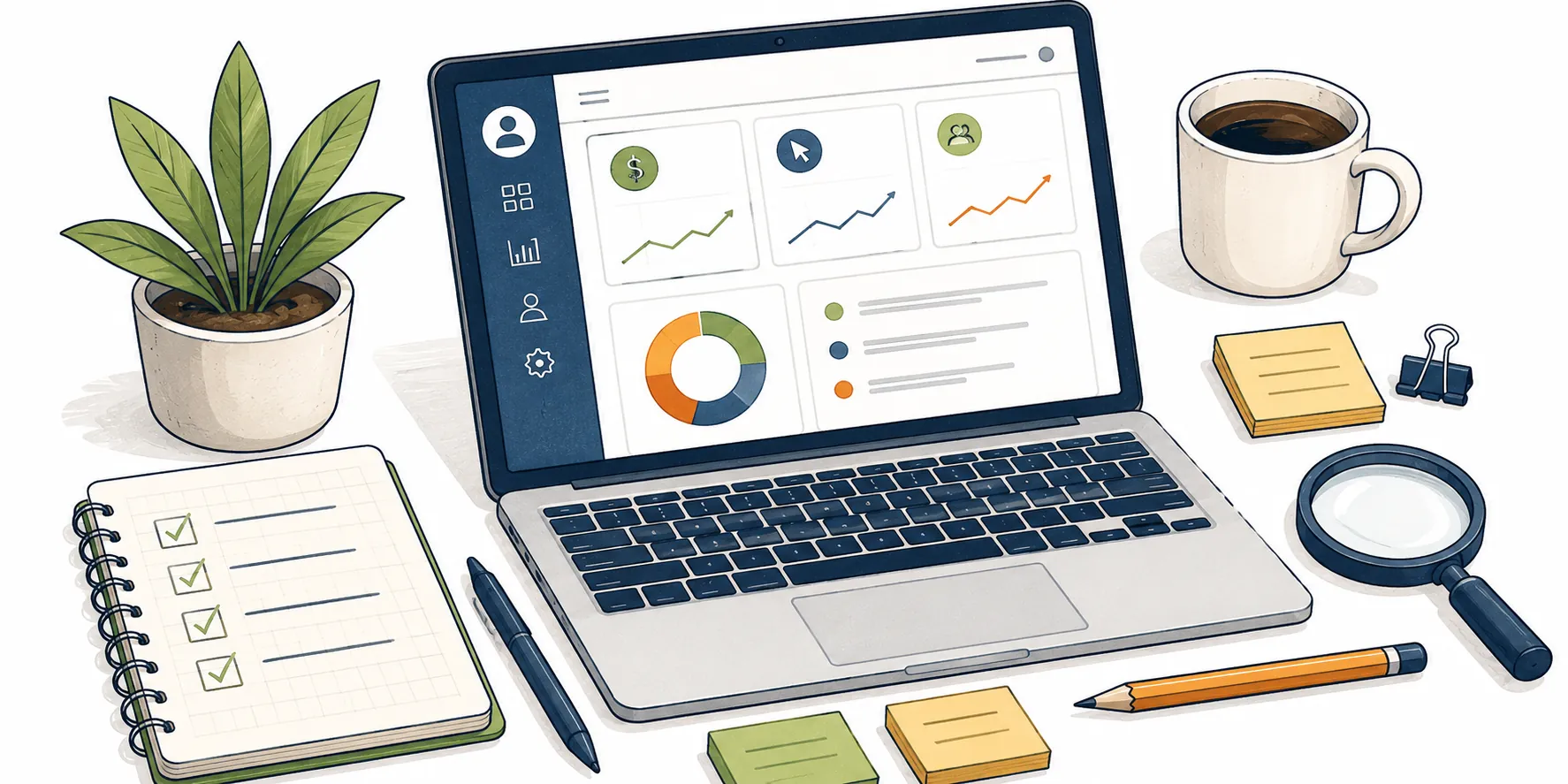 Illustrated laptop with charts, checklist notebook, coffee, and desk items representing beginner affiliate marketing and online earnings.