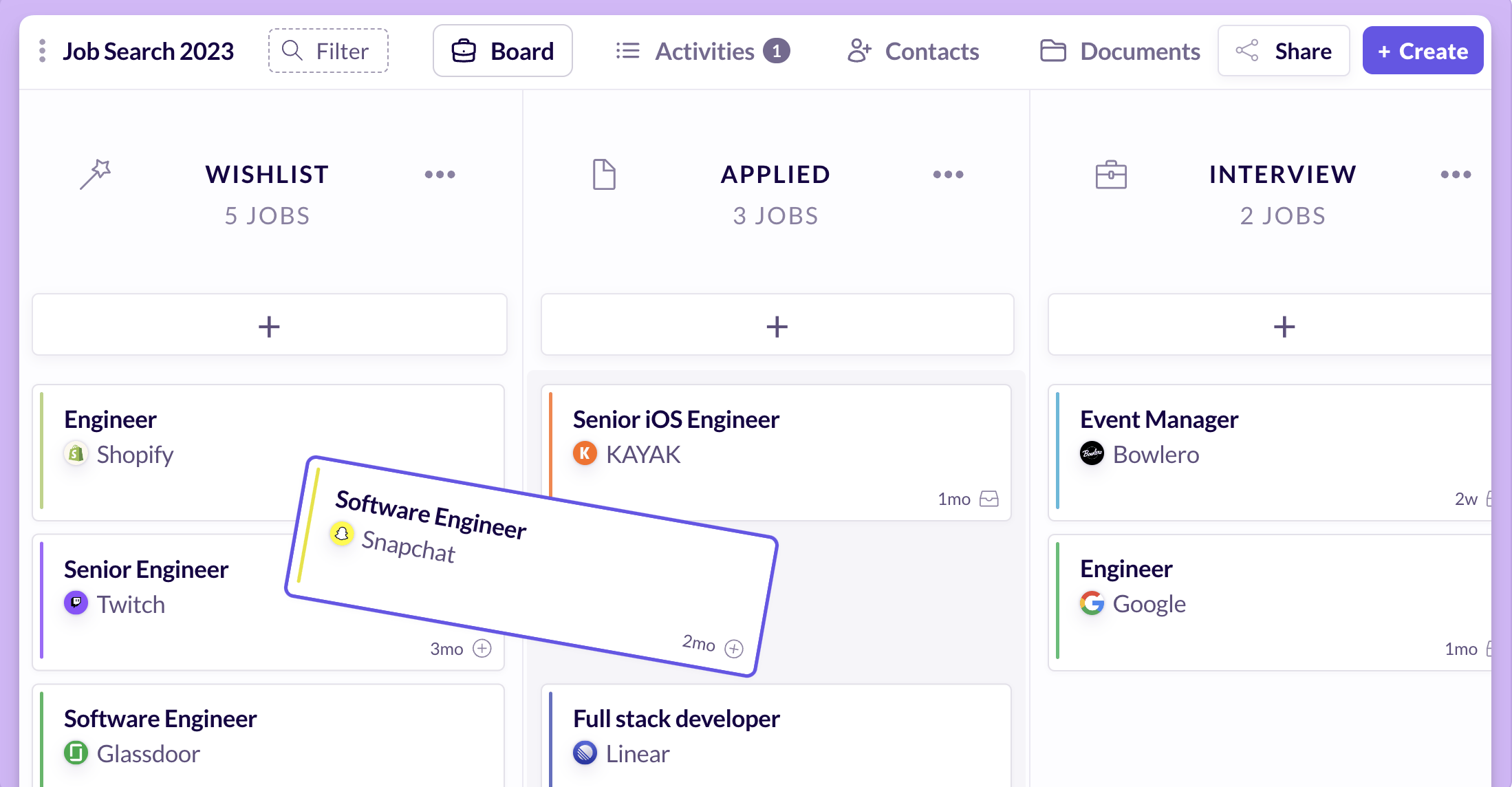 Huntr kanban board with stages from Applied to Offer
