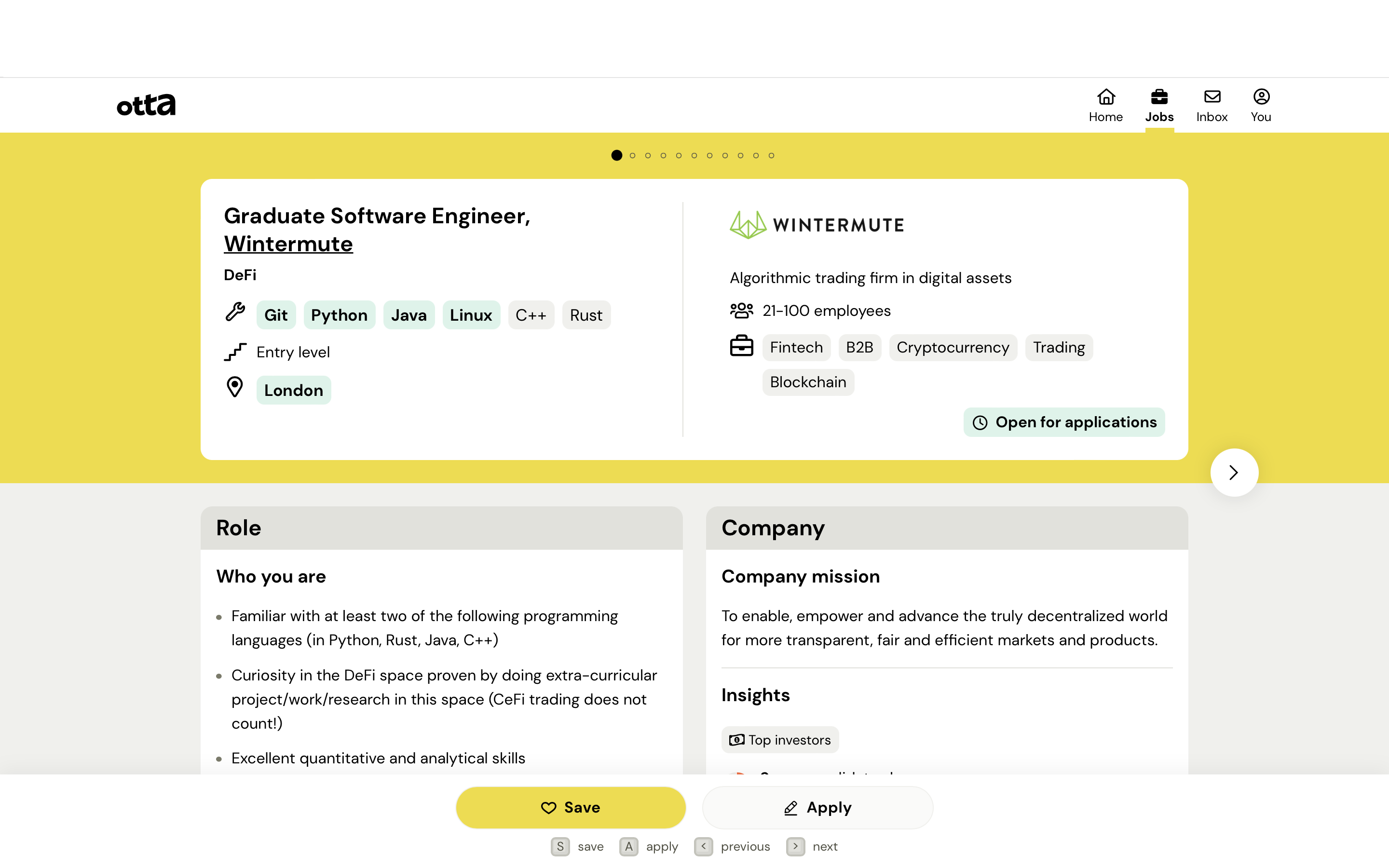 Otta dashboard showing tailored role matches