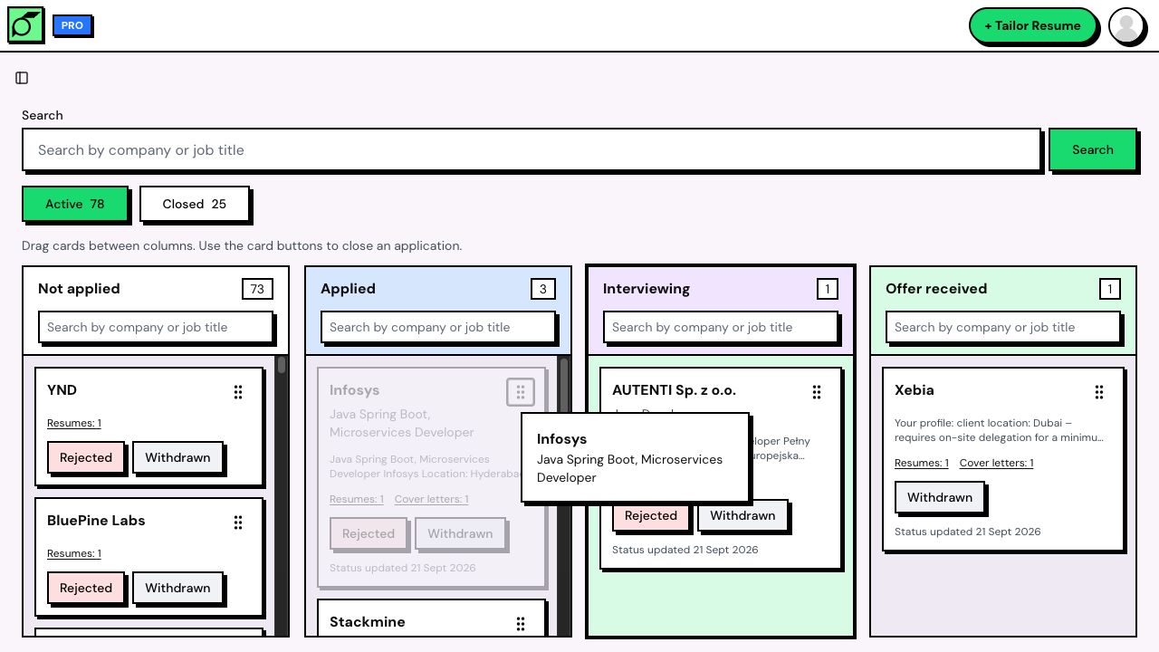 An Infosys application being dragged from Applied to the highlighted Interviewing column, with its original position faded out