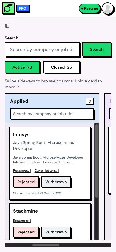 JobOwl’s mobile board: Active and Closed views, the Applied column and application cards with their documents